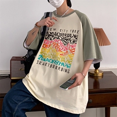 32支双纱直播重磅260克拼接美式潮牌宽松印花复古短袖t恤控49，男装T恤，星座301D-4(原星座1004-4）