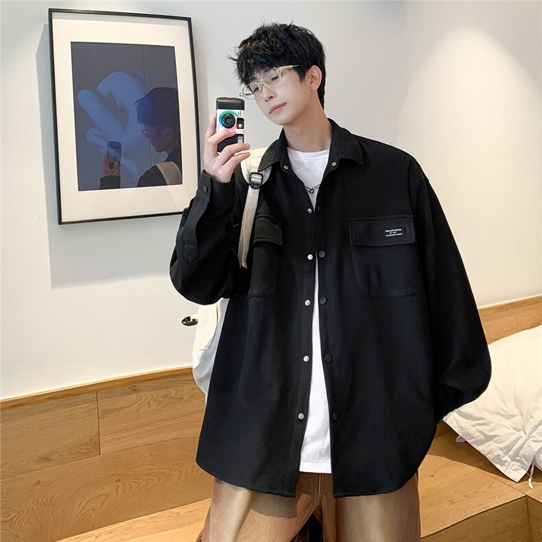 港风华夫格工装衬衫大码M-5XL情侣衬衣男长袖衬衫男CS7754P45控80,男装衬衫,星座227-7