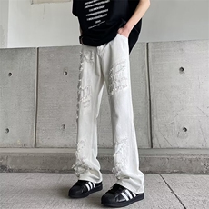 男春秋美式个性纯色牛仔裤割破流苏设计感休闲百搭长裤，男装牛仔裤，星座1013