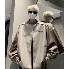 港风美式复古拼接罗纹pu棒球服情侣皮衣夹克外套男女G1094P108，男装夹克，电商A339