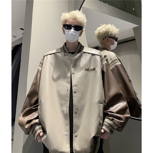 港风 美式复古拼接罗纹pu棒球服情侣皮衣夹克外套男女 G1094 P108图片