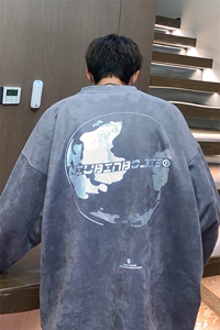 圆领麂皮绒卫衣男宽松反光大码秋冬季印花休闲上衣 A071-W03-P60图片
