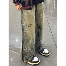 1506-1/KT17321/P52男小众设计感复古黄泥色涂鸦牛仔裤宽松直筒裤，男装牛仔裤，星座1506-1