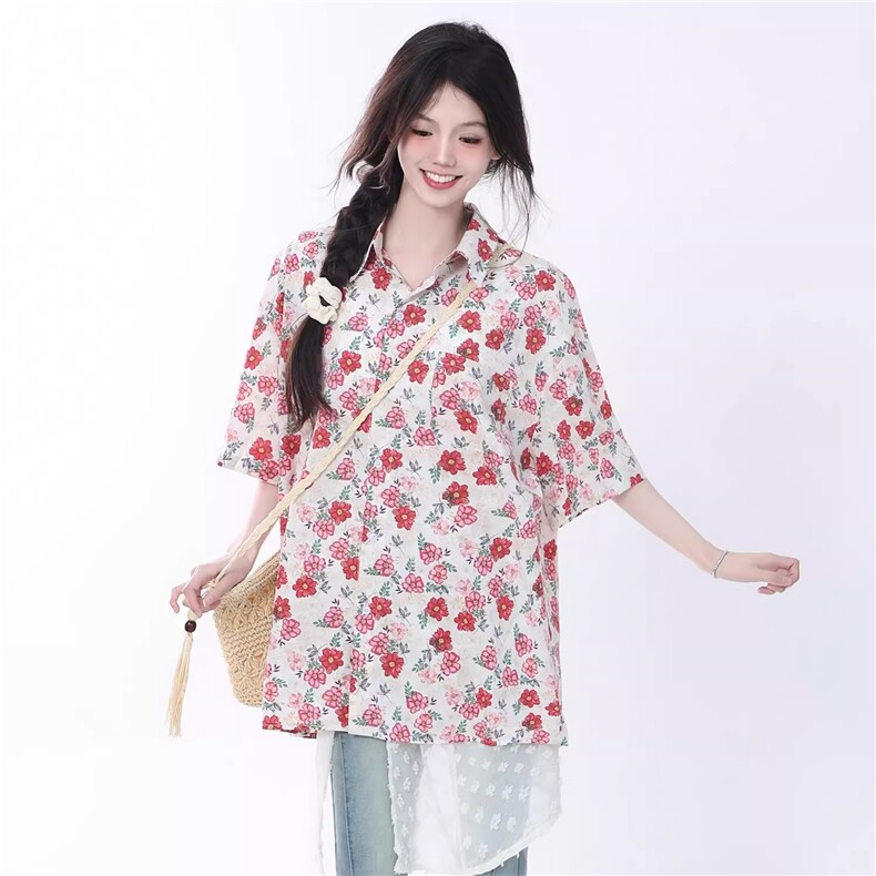 复古小红花碎花短袖衬衫男女夏季薄款夏威夷风情侣潮牌花衬衣inS，男装T恤，星座302B
