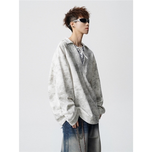 WY10151-特P48 控88 小众扎染撞色拼接条纹假两件大码男宽松卫衣图片