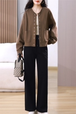 时尚两件套装女春秋新款休闲宽松棒球服开衫直筒裤中老年妈妈装潮，女装套装/套裙，璐依舞