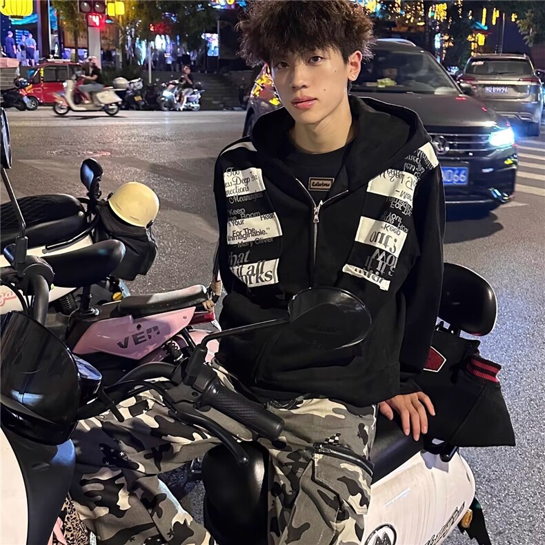 美式复古字母贴布卫衣男女秋冬季时尚休闲港味chic连帽外套,女装短外套,四季星座505