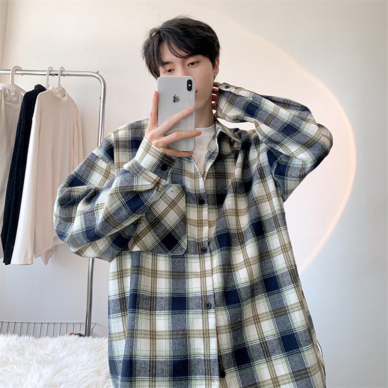 衬衫男秋季新款港风宽松大码磨毛格子长袖衬衣CS6639-P35，男装衬衫，星座214-3