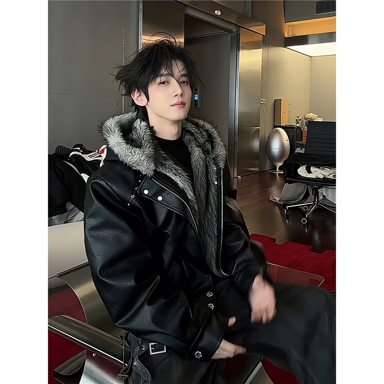现货座山雕加绒皮衣连帽毛领棉服男冬季外套棉衣MF403-特145,男装皮衣,星座412-3
