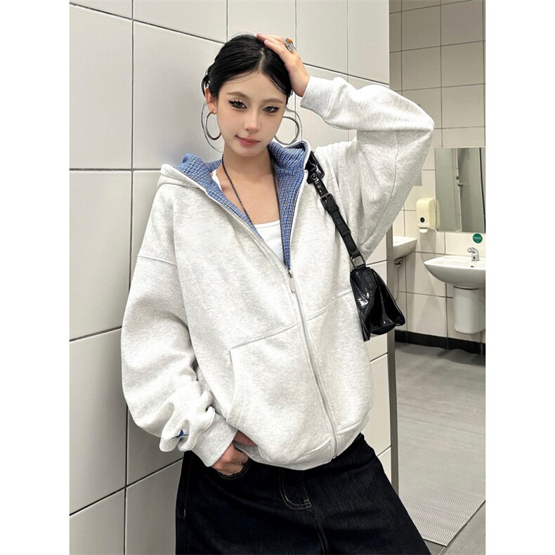 网图cleanfit双面穿格纹连帽卫衣男女款秋季美式拉链短宽外套P58,女装短外套,电商C306-1