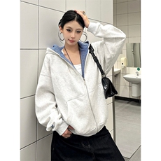 网图cleanfit双面穿格纹连帽卫衣男女款秋季美式拉链短宽外套P58，女装短外套，电商C306-1