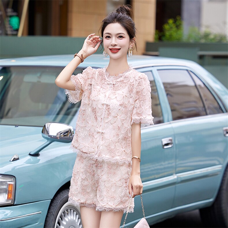 新中式蕾丝套装女2024夏季新款小香风时尚显瘦提花短裤两件套御姐,女装套装/套裙,妙形