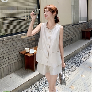名媛小香风无袖马甲套装女2025年夏季新款气质高腰阔腿短裤两件套图片