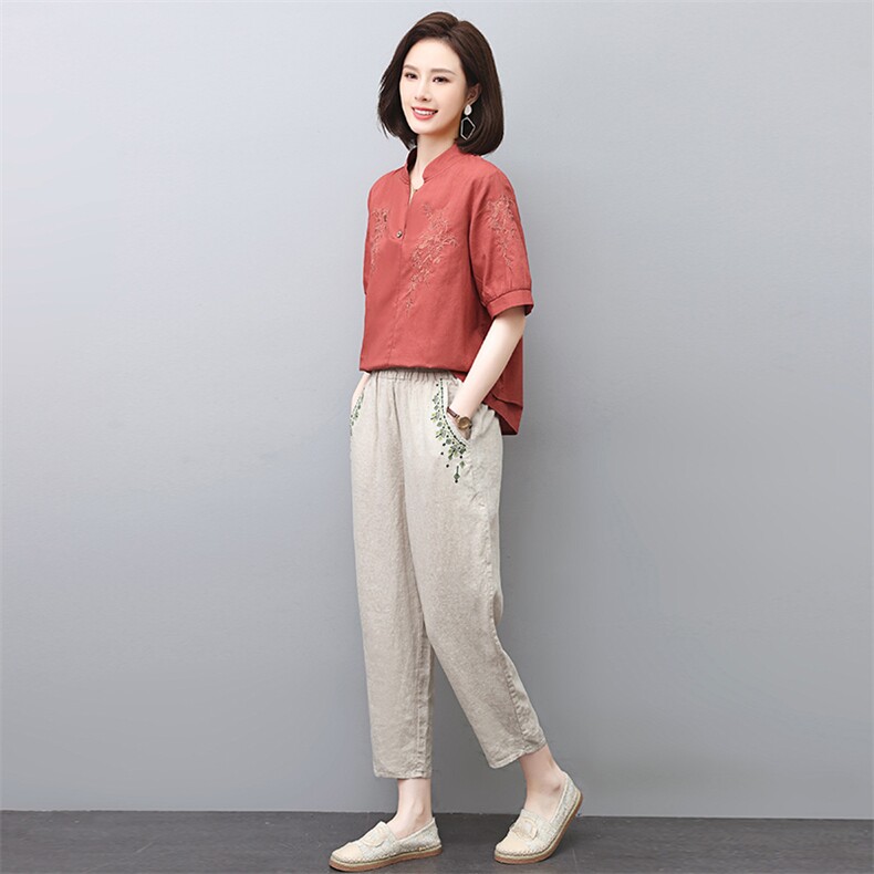 休闲棉麻套装女2024夏季新款宽松妈妈减龄遮肉显瘦刺绣亚麻两件套,女装套装/套裙,涵誉