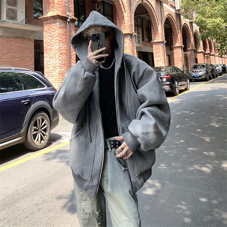 双拉链设计秋冬宽松连帽毛呢大衣开衫男女呢夹克外套-Z0365-P125，男装夹克，电商B289-1