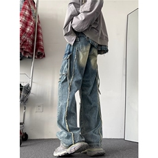 美式复古破洞工装牛仔裤男春季新款宽松直筒阔腿裤子高街潮牌嘻哈，男装牛仔裤，星座410-7