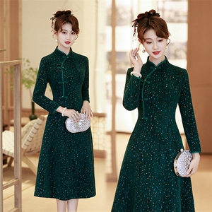 新中式风立领加厚针织改良版宴会礼服旗袍 827 P155图片