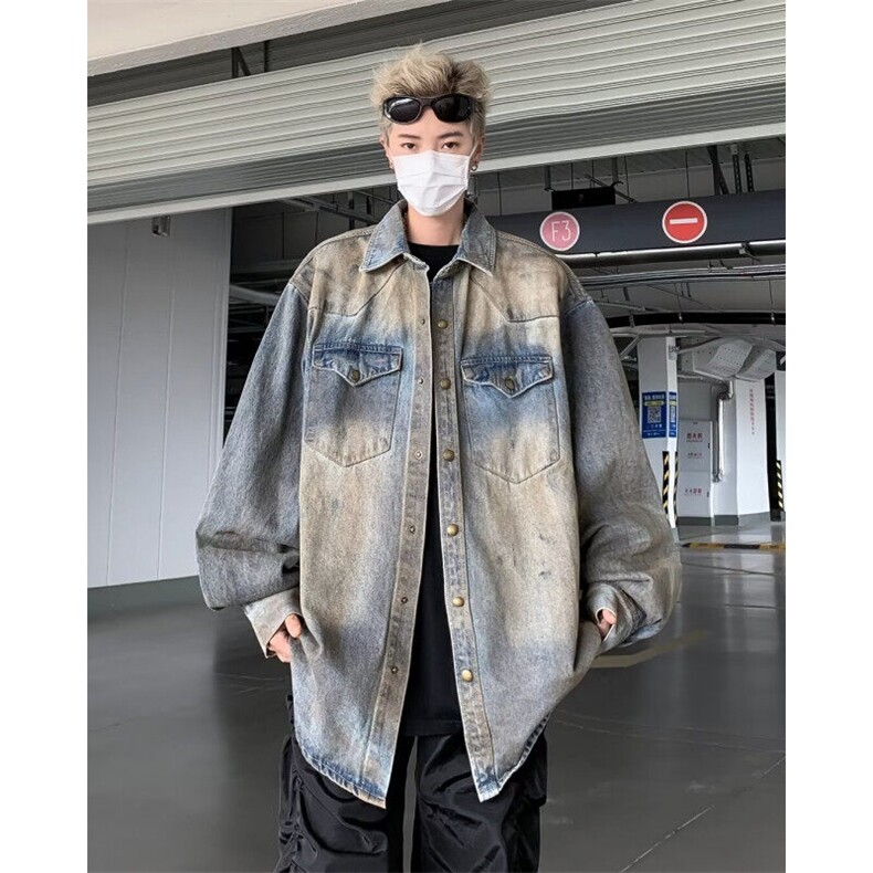 DN985-P72牛仔衬衫外套男废土风重磅做旧宽松休闲长袖春秋季衬衣图片