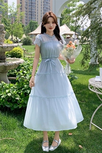 连衣裙女马卡龙色粉蓝黄2025夏季新款冰丝雪纺高级感减龄裙子图片