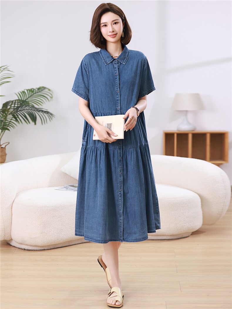 短袖中长款H型夏季宽松腰气质时尚简约纯色牛仔连衣裙,女装连衣裙,江忆布依