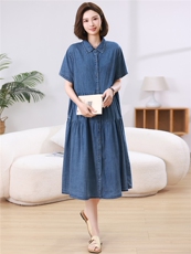短袖中长款H型夏季宽松腰气质时尚简约纯色牛仔连衣裙，女装连衣裙，江忆布依