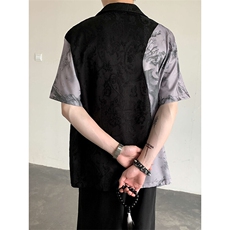 新中式复古提花拼接衬衫男短袖风宽松休闲五分袖衬衣CS4444P68，男装T恤，星座512-1（原513-3）