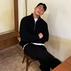 美式半拉链中高领针织衫男高级感宽松毛衣纯色百搭保暖套头衫图片