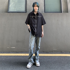 S12-P35美式高街复古宽松型拉链短袖衬衫，男装衬衫，星座1501-1