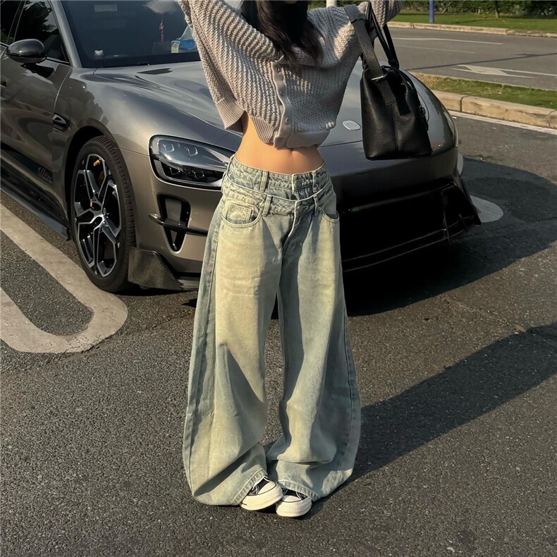 美式浅色阔腿牛仔裤女小个子秋季秋冬2025新款高腰宽松直筒拖地裤,男装牛仔裤,星座506A