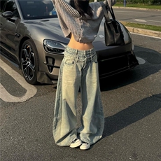 美式浅色阔腿牛仔裤女小个子秋季秋冬2025新款高腰宽松直筒拖地裤，男装牛仔裤，星座506A
