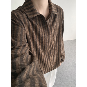 S-3XL 复古条纹半开领长袖衬衫上衣宽松慵懒休闲衬衣男CS534P48图片