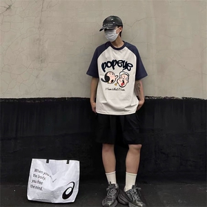 抖音得物供货240克宽松纯棉美式潮牌印花插肩袖拼接短袖T恤AT1514图片