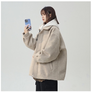 冬季加棉加厚阿尔巴卡呢子带帽宽松中性港风男女外套M897-P138图片