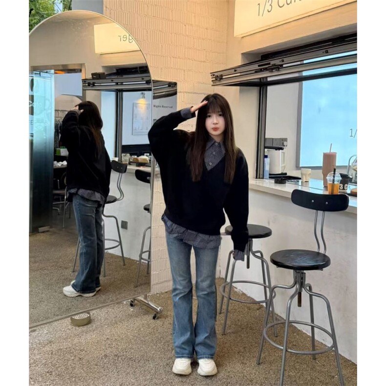 【】美式复古假两件衬衫领卫衣男女秋冬宽松长袖SHY03P43,男装衬衫,星座1112-1