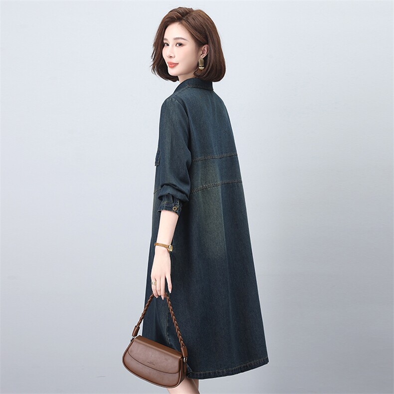 牛仔连衣裙女2025春秋新款休闲宽松遮肚时尚气质妈妈长袖翻领裙子,女装连衣裙,希欧阁