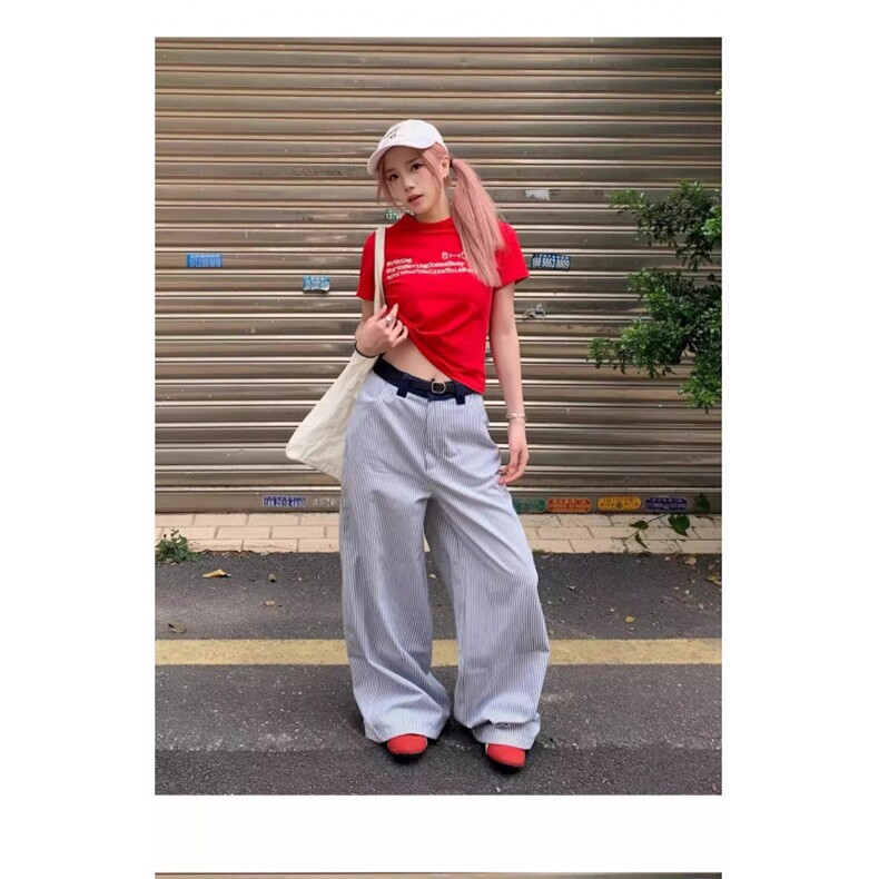 美式复古爱心刺绣竖条纹休闲裤男女小众宽松休闲阔腿拖地长裤简约,男装休闲裤,星座1210-1