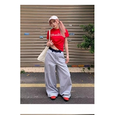 美式复古爱心刺绣竖条纹休闲裤男女小众宽松休闲阔腿拖地长裤简约，男装休闲裤，星座1210-1