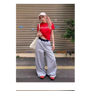 美式复古爱心刺绣竖条纹休闲裤男女小众宽松休闲阔腿拖地长裤简约图片
