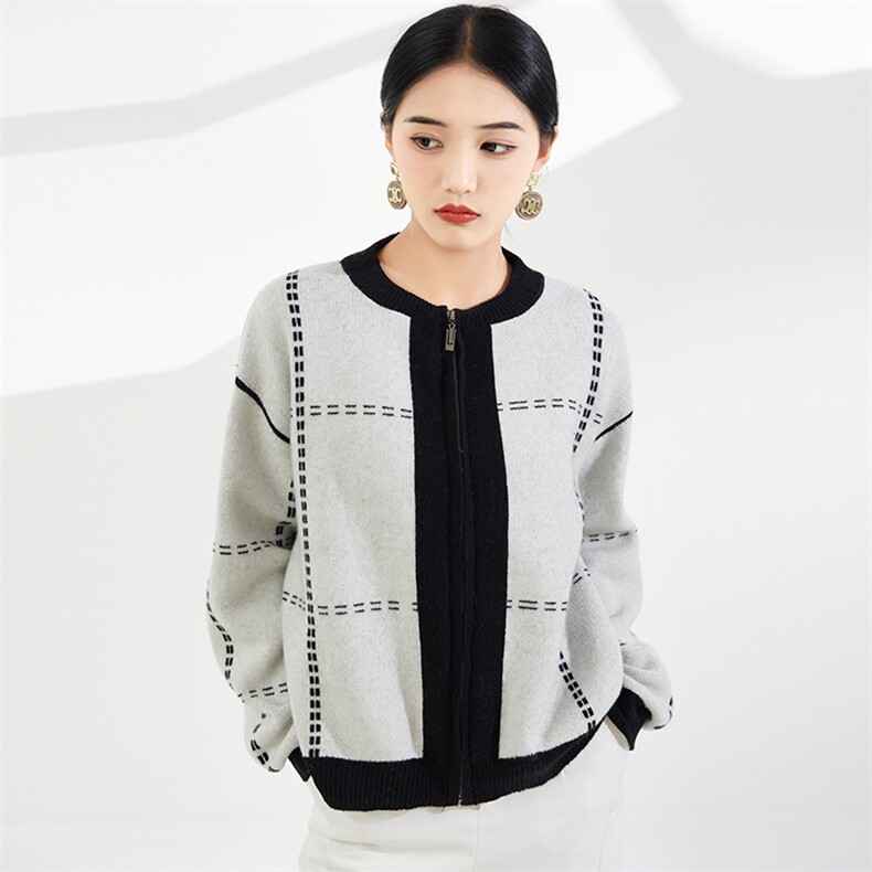 2025年秋季新款电脑提花拉链款针织开衫休闲时尚通勤，女装针织衫/毛衣，奢优羊绒