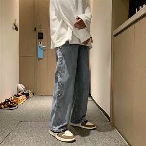 春秋ins潮流高街排扣牛仔裤男女潮牌宽松直筒牛仔裤阔腿k90-p40图片