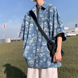 美式满印花朵牛仔短袖衬衫男夏季潮流休闲衬衣外套CA31-P50图片