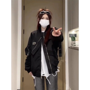 美式复古不规则拼接工装外套男春秋季宽松休闲高级感飞行员夹克图片
