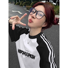 夏季美式高街重磅纯棉三条杠织带插肩撞色男女短袖T恤CZ01-特P25，男装T恤，电商A486