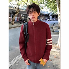 三条杠开衫毛衣男生冬季慵懒风针织衫条纹撞色少年感穿搭外套MY78，男装针织衫/毛衣，星座516A