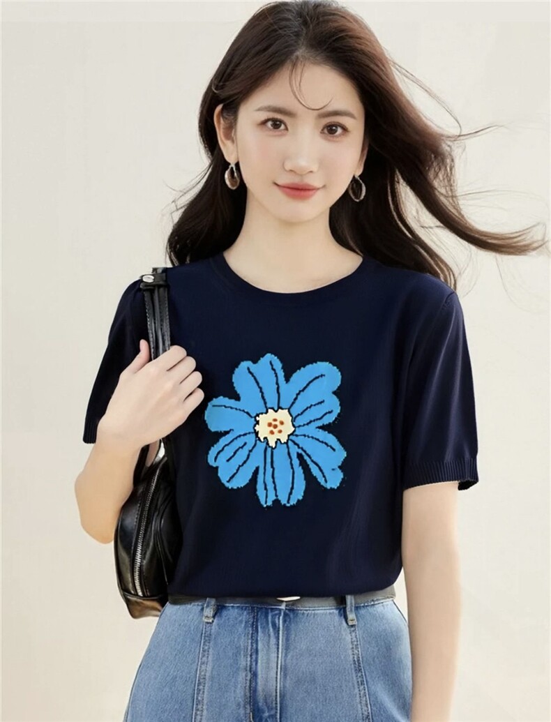 夏季新款简约时尚百搭女士圆领提花短袖,女装T恤,沐策羊绒