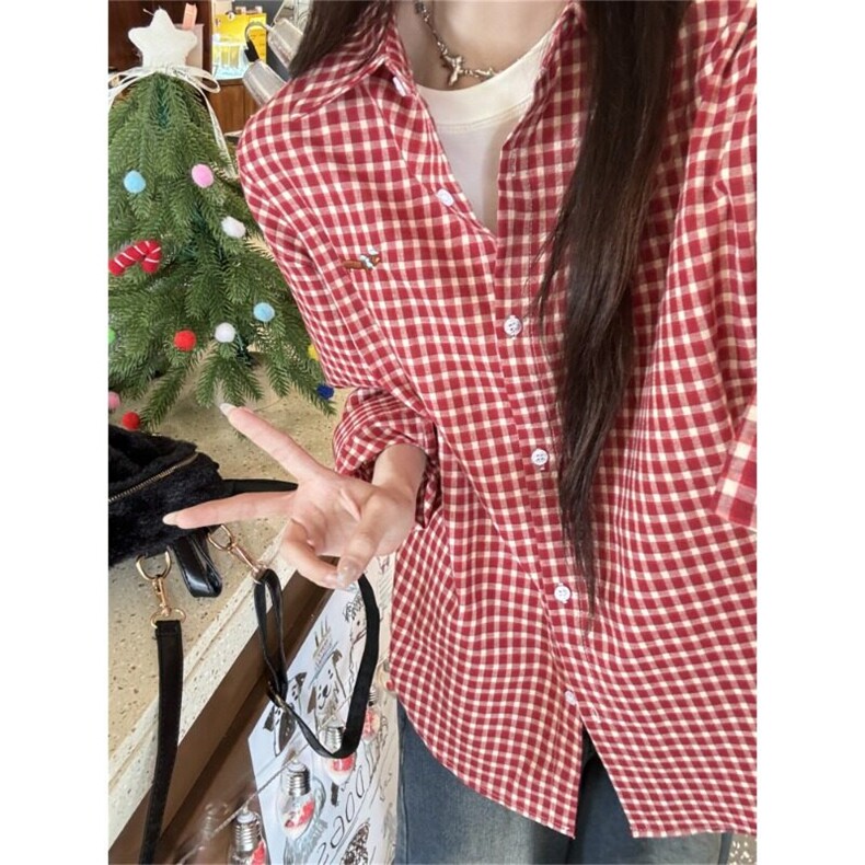 【网图现货】美式宽松红格子长袖衬衫C255/P43，女装衬衫，星座205-3