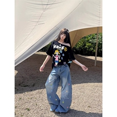 W10119-P53网图现货潮流弯刀牛仔裤星星刺绣高腰做旧阔腿裤潮，男装牛仔裤，星座1608-2