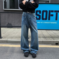 秋季美式ins高街hiphop闪电纹水洗直筒牛仔裤货号K2593P55，男装牛仔裤，电商A063