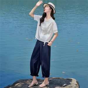 花边领夏季薄款上衣女撞色扣子透气纯棉衬衫宽松休闲松紧下摆图片