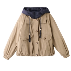 90白鸭绒宽松大版休闲拼接工装派克假两件连帽羽绒服，女装羽绒服，采品优优